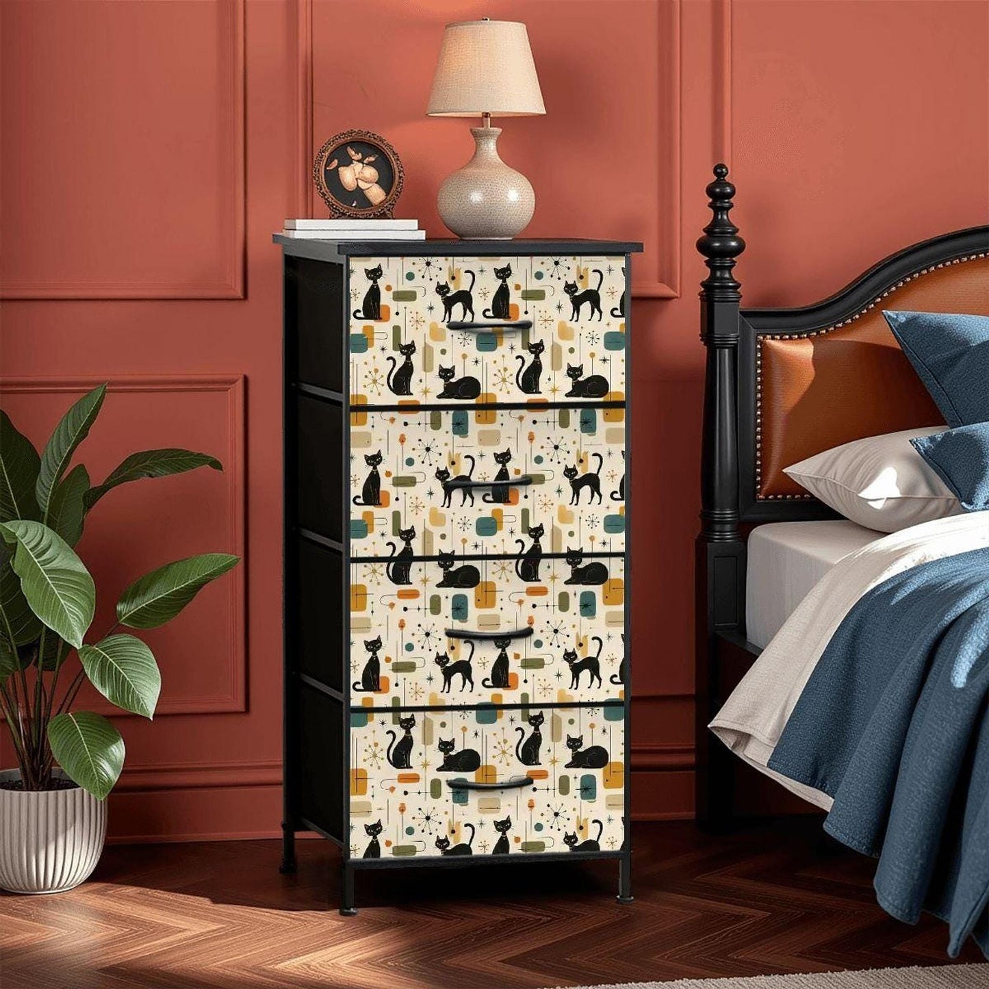 Retro Cat Dresser, 4-Drawer Storage Chest with Playful Cat Print