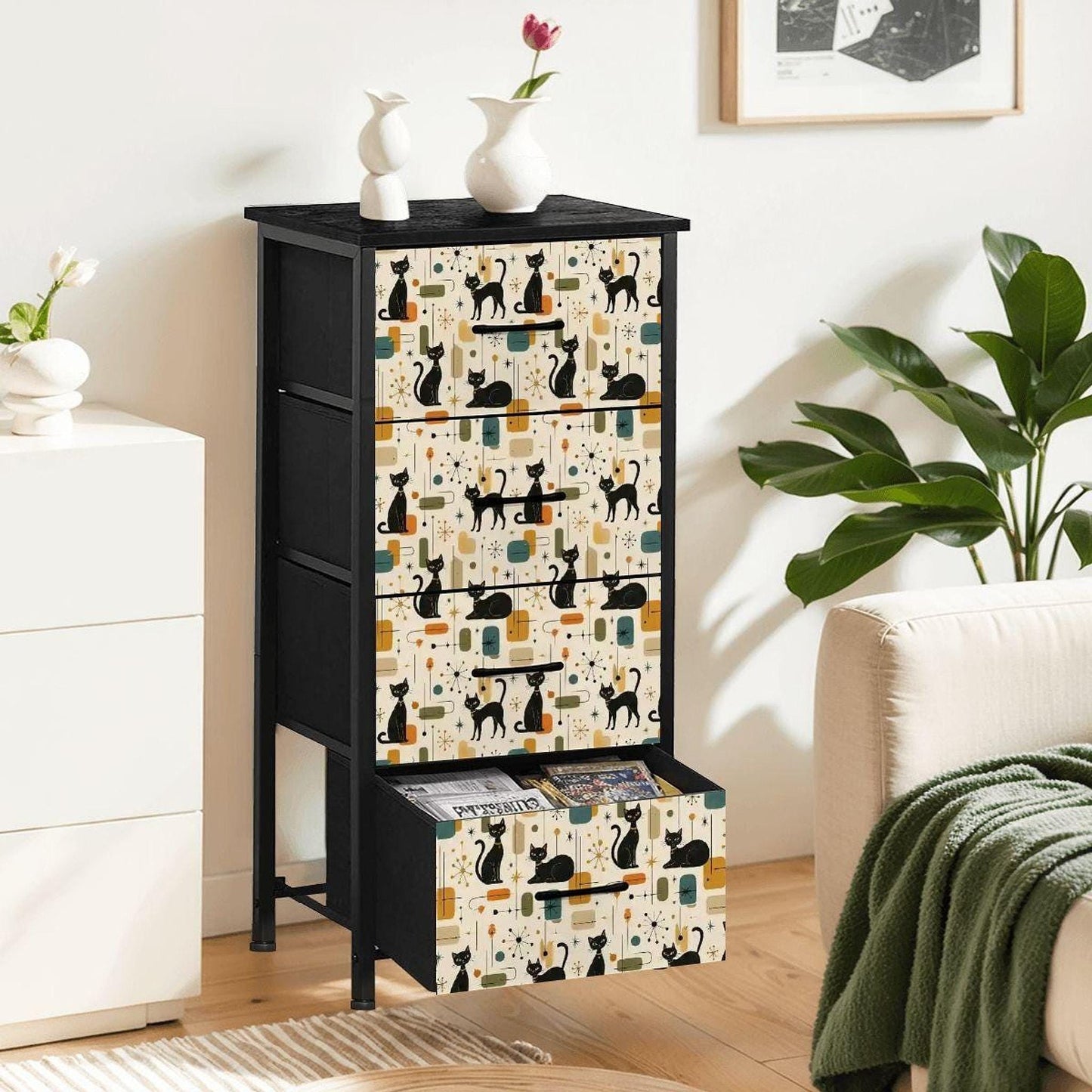 Retro Cat Dresser, 4-Drawer Storage Chest with Playful Cat Print