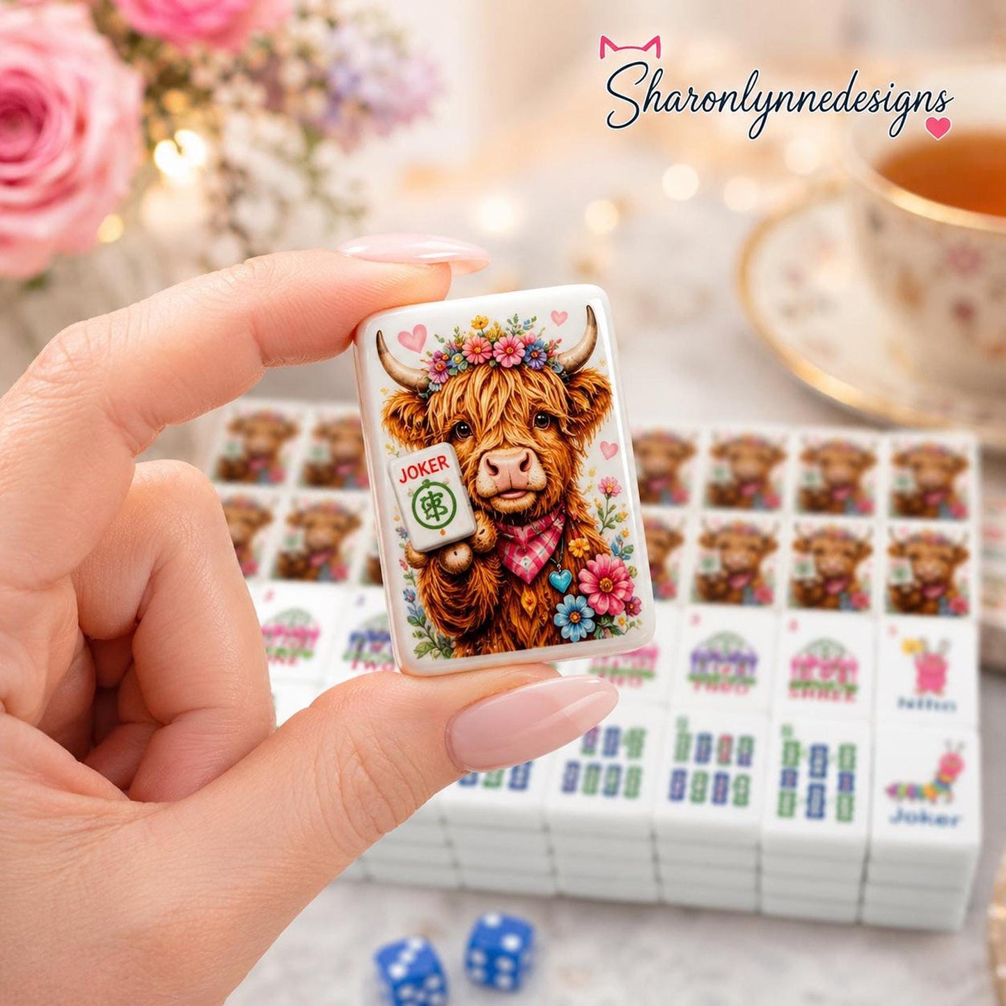 Highland Cow Mahjong Set, Floral Garden Acrylic Game Pieces with Joker Tiles