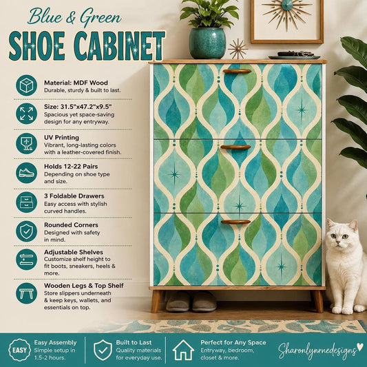 Entryway Shoe Cabinet – Blue & Green Mid-Century Modern Storage Organizer