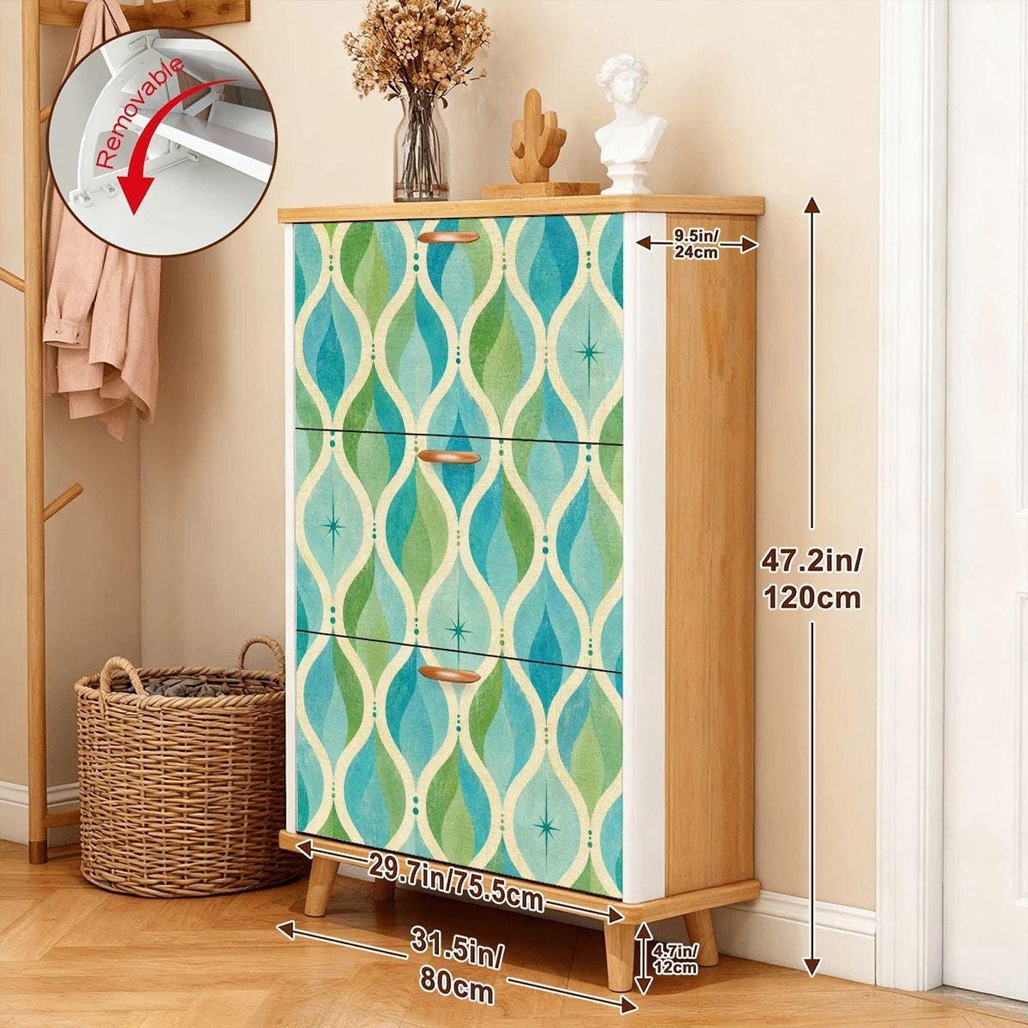Entryway Shoe Cabinet – Blue & Green Mid-Century Modern Storage Organizer