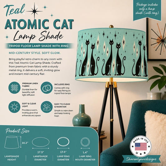 Teal Atomic Cat Tripod Lamp Shade, Mid Century Modern Linen Design with Metal Ring