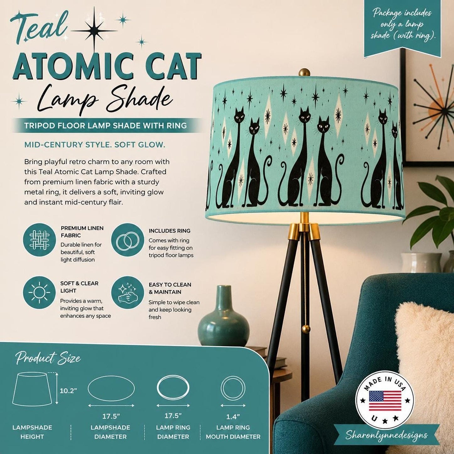 Teal Atomic Cat Tripod Lamp Shade, Mid Century Modern Linen with Metal Ring