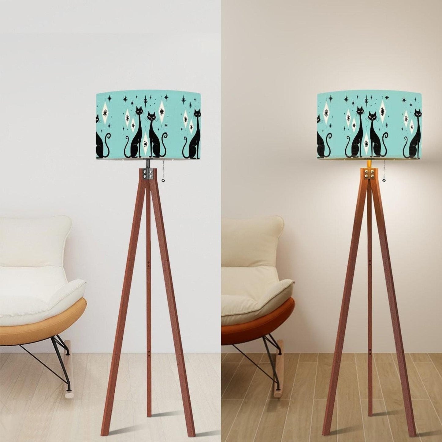 Teal Atomic Cat Tripod Lamp Shade, Mid Century Modern Linen with Metal Ring