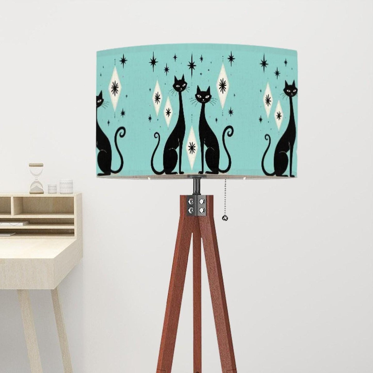 Teal Atomic Cat Tripod Lamp Shade, Mid Century Modern Linen Design with Metal Ring