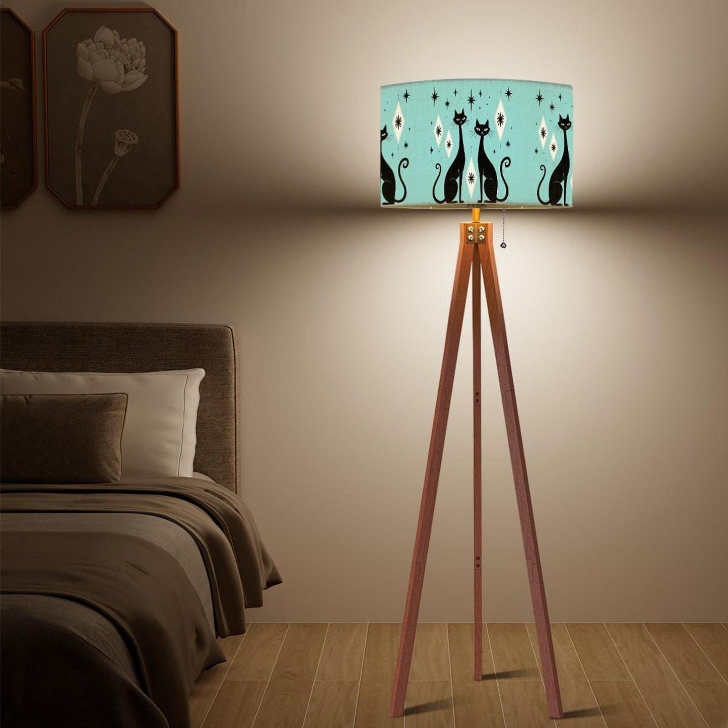 Teal Atomic Cat Tripod Lamp Shade, Mid Century Modern Linen with Metal Ring