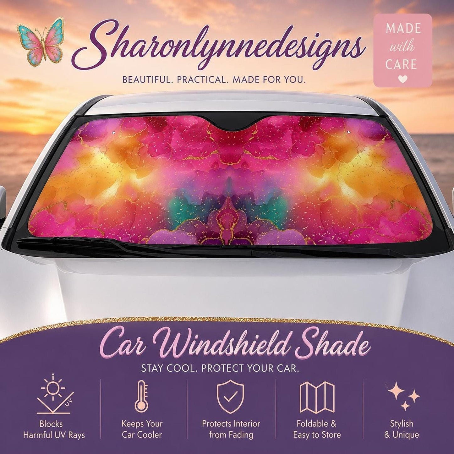 Pink Car Sun Shade, Bright Design with UV Protection and Heat Insulation