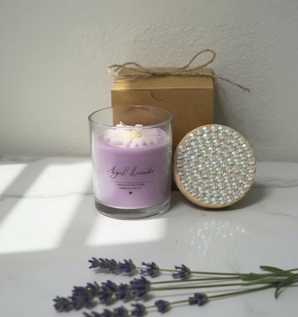 Lavender Soy Candle with Hand-Bedazzled Lid, Floral Accent Home Decor