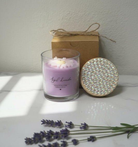 Lavender Soy Candle with Hand-Bedazzled Lid, Floral Accent Home Decor