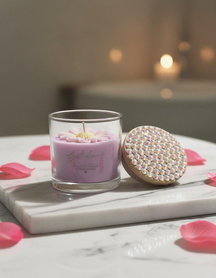 Lavender Soy Candle with Hand-Bedazzled Lid, Floral Accent Home Decor