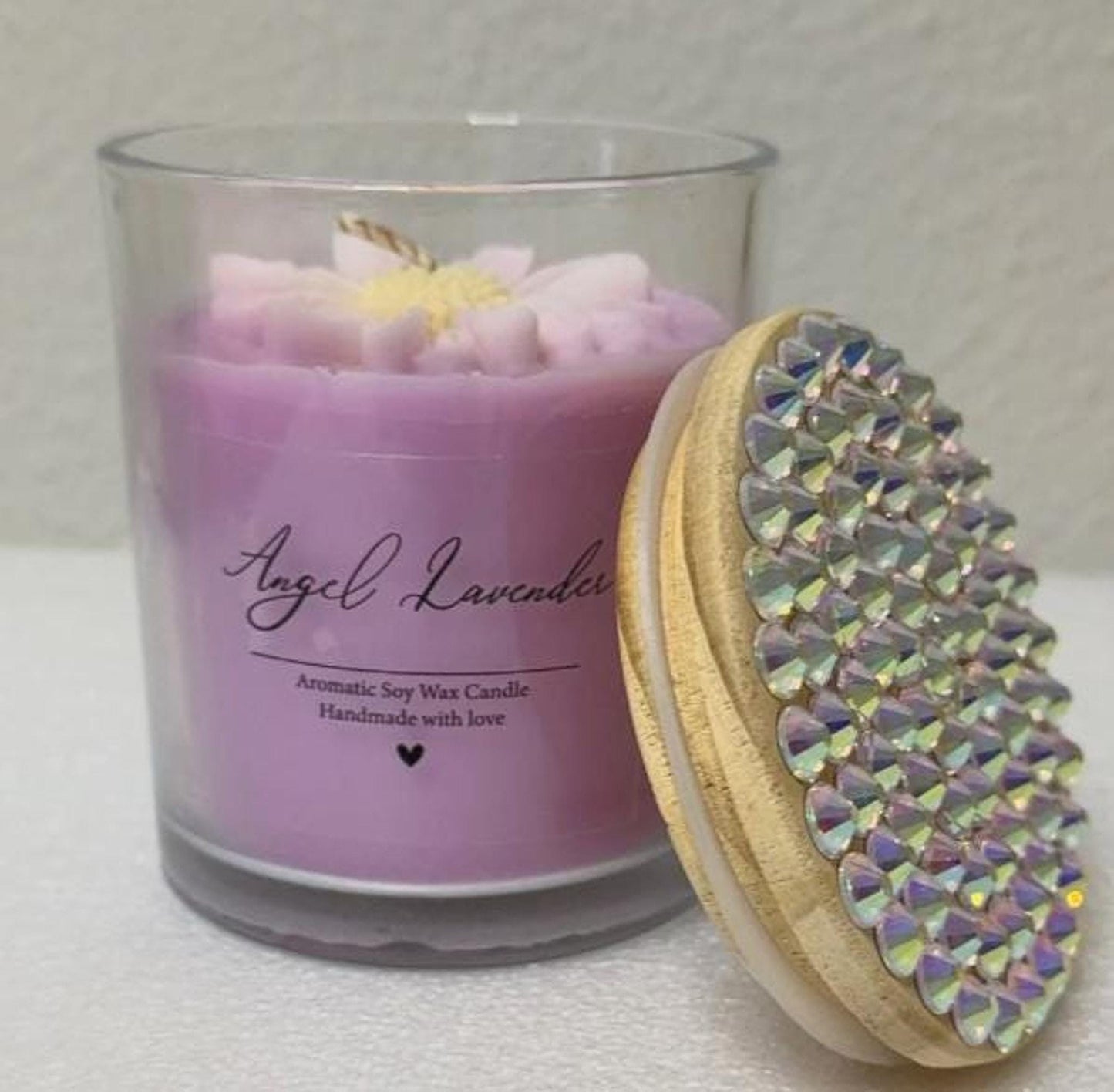 Lavender Soy Candle with Hand-Bedazzled Lid, Floral Accent Home Decor