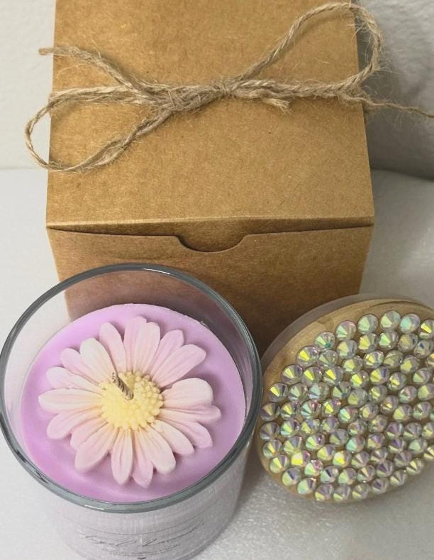 Lavender Soy Candle with Hand-Bedazzled Lid, Floral Accent Home Decor