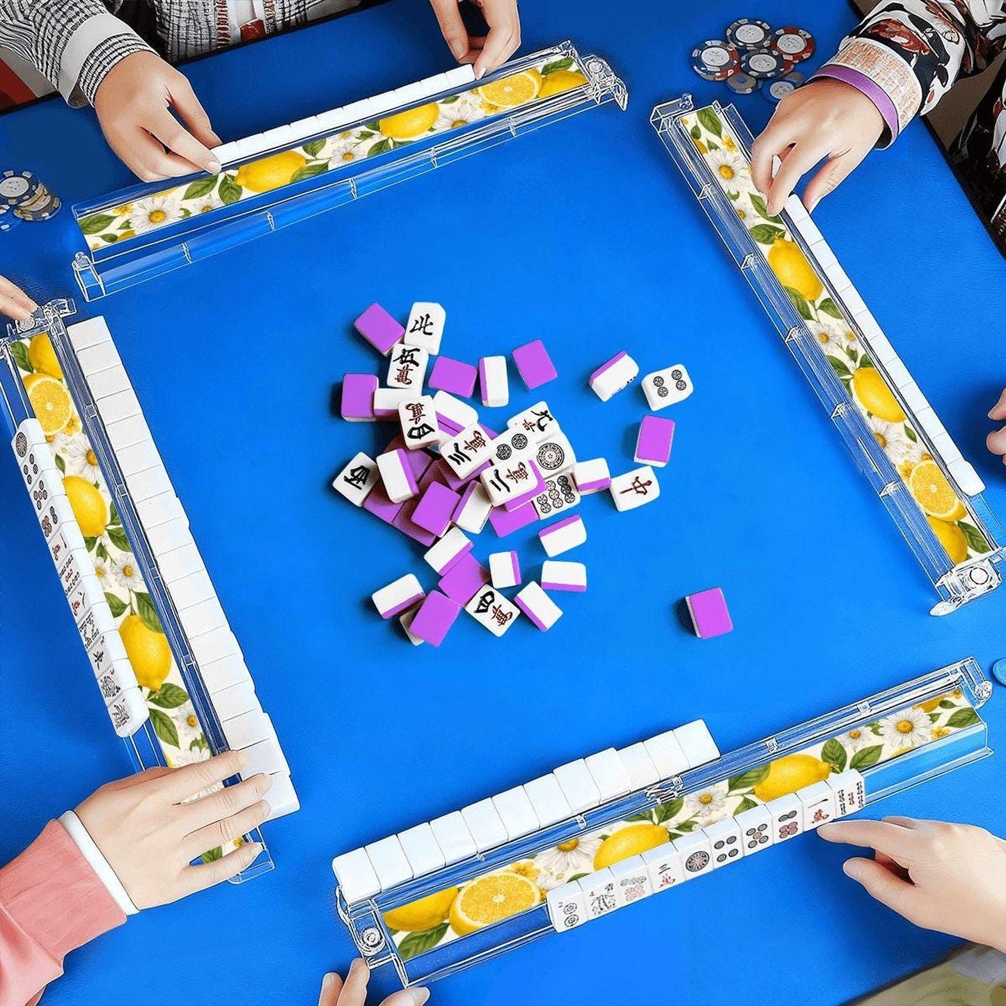 Lemon Mahjong Rack Set of 4, Acrylic Organizer with Daisy Pattern