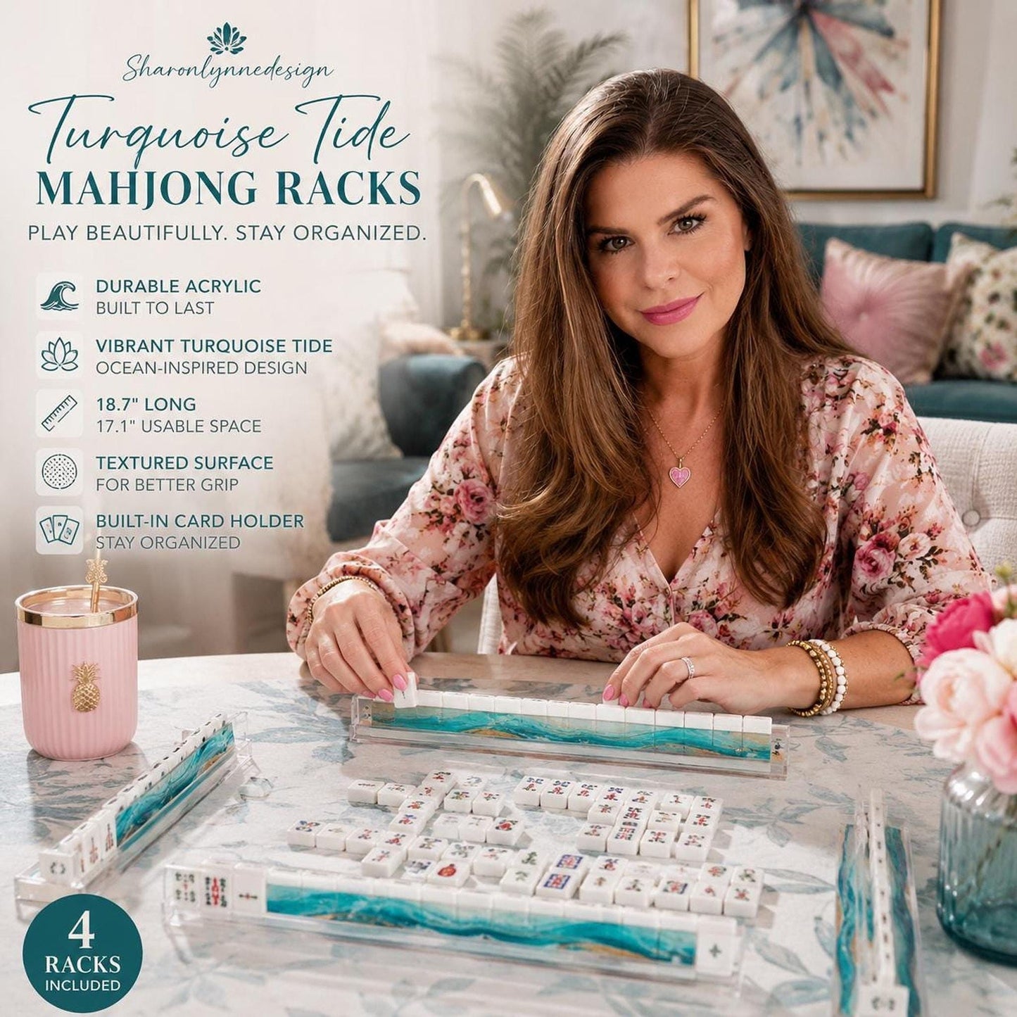 Mahjong Rack Set, Turquoise Tide Acrylic Tile Pushers, 4-Piece Set