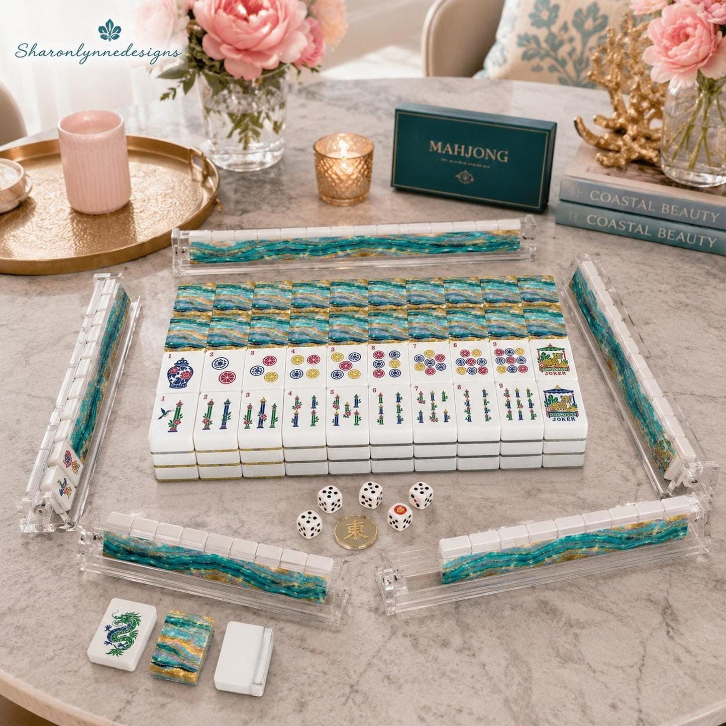 Mahjong Rack Set, Turquoise Tide Acrylic Tile Pushers, 4-Piece Set