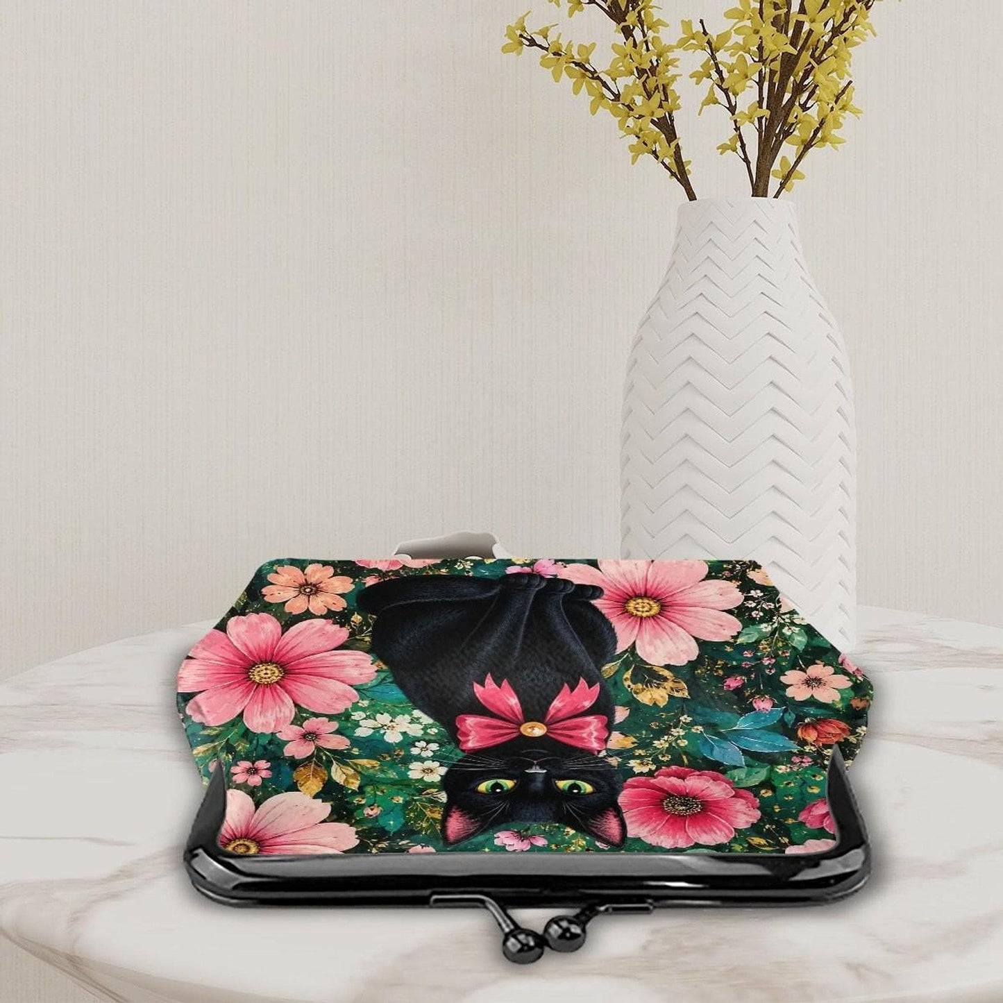 Floral Cat Purse, Vintage Kiss Lock Coin for Women