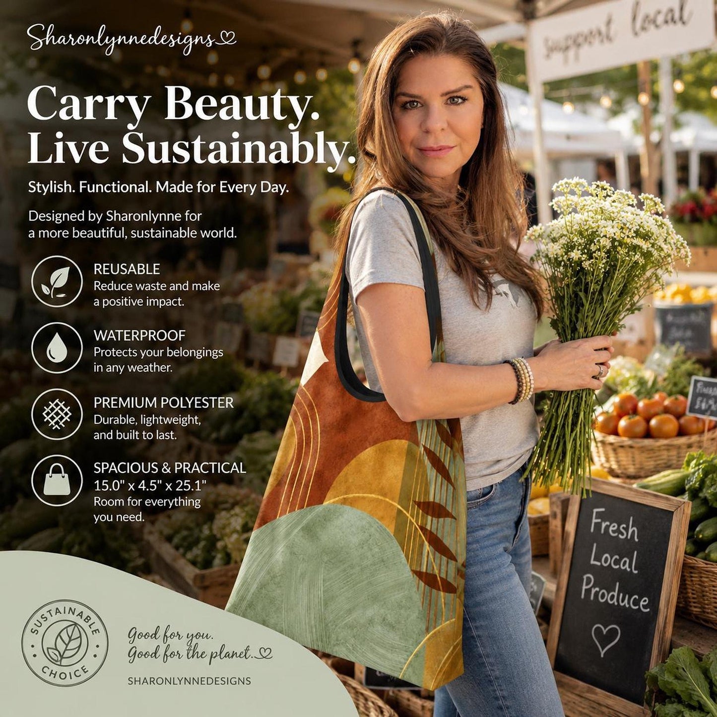 Reusable Shopping Bag with Abstract Design, Eco-Friendly Farmers Market Tote