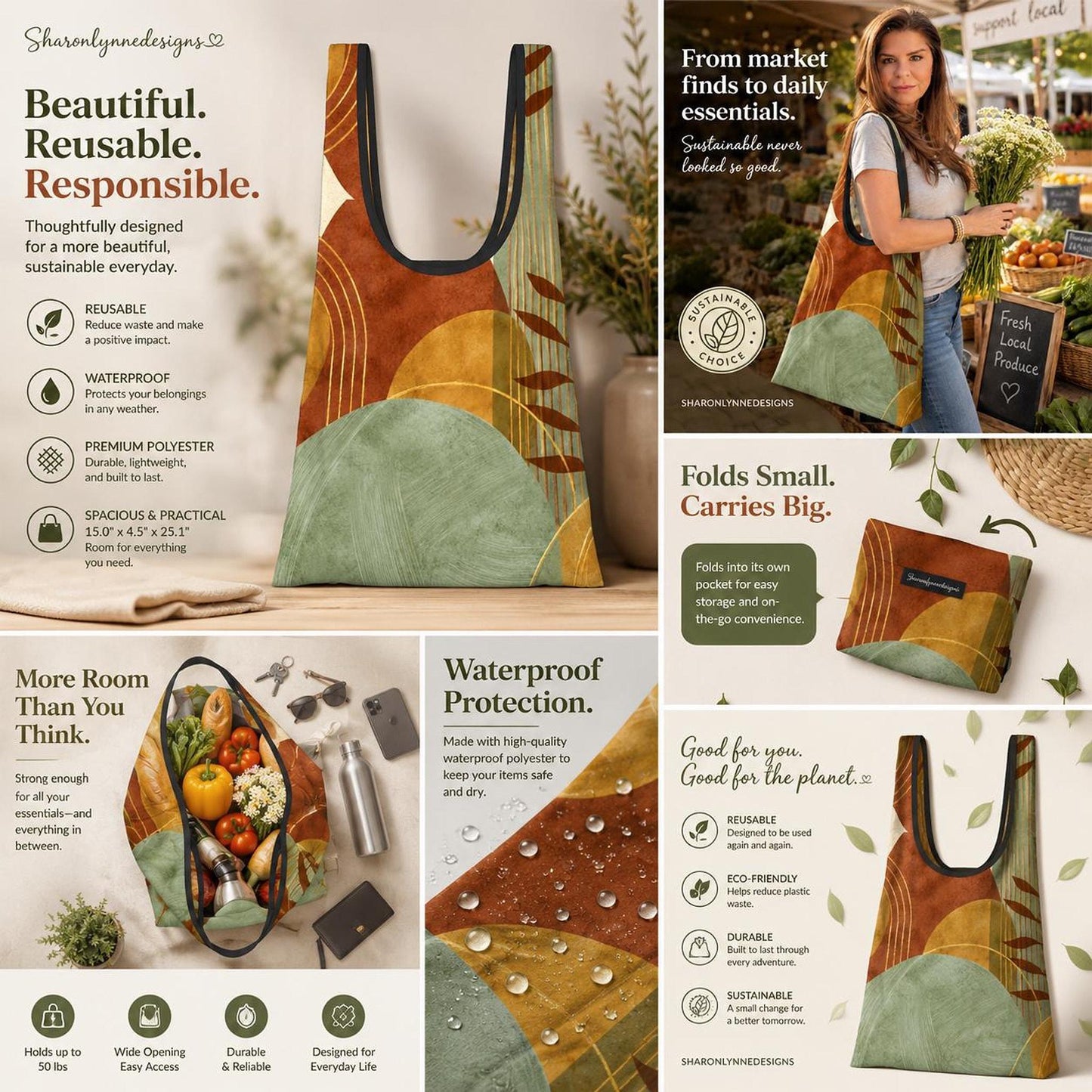 Reusable Shopping Bag with Abstract Design, Eco-Friendly Farmers Market Tote