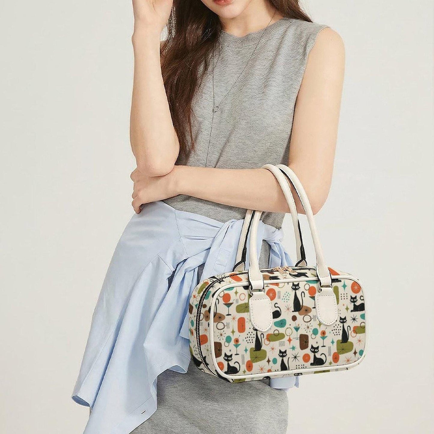 Retro Cat Handbag, Water-Resistant PU Leather Barrel Purse with Animal Print