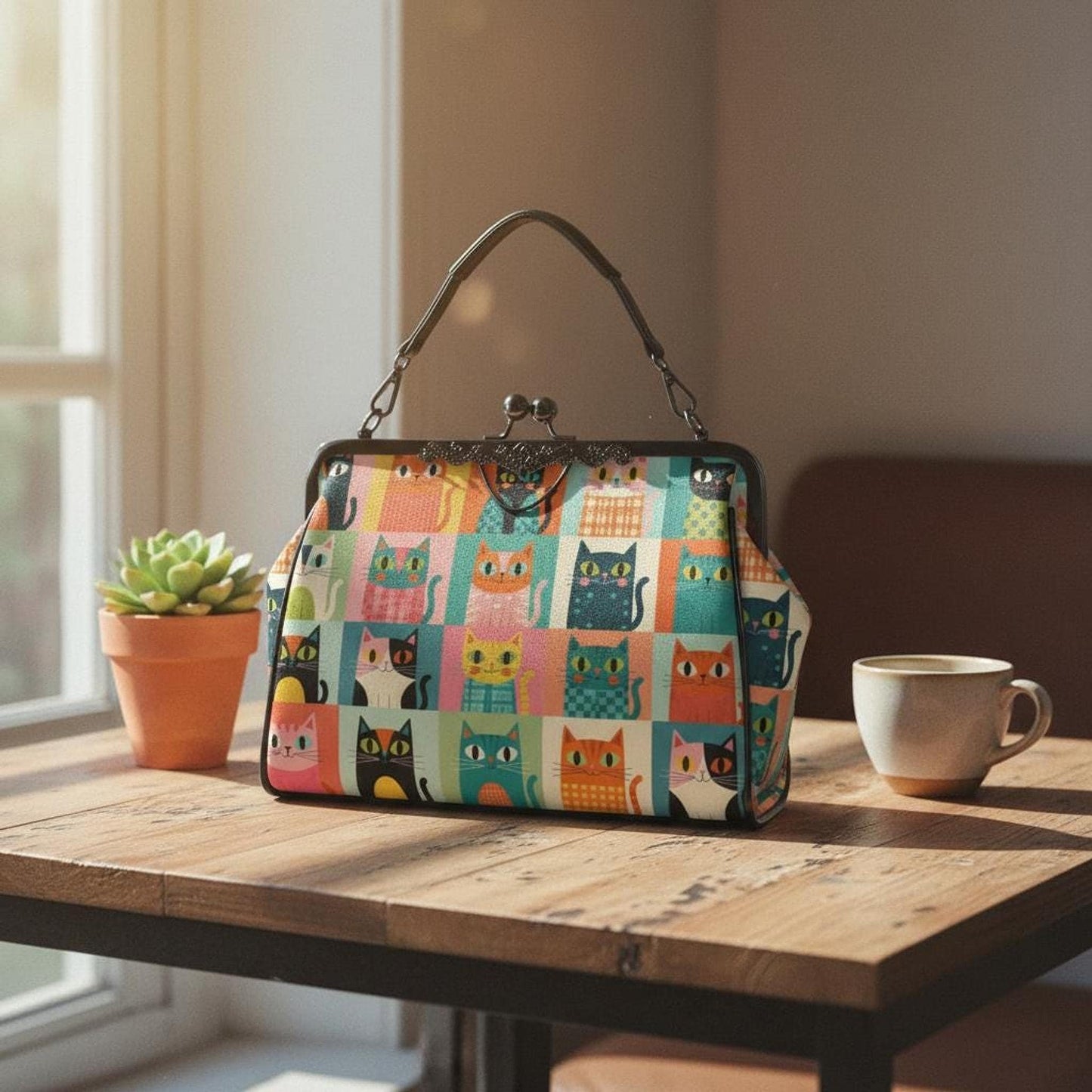Retro Cat Bag with Kiss Lock, Vintage Style Crossbody Handbag
