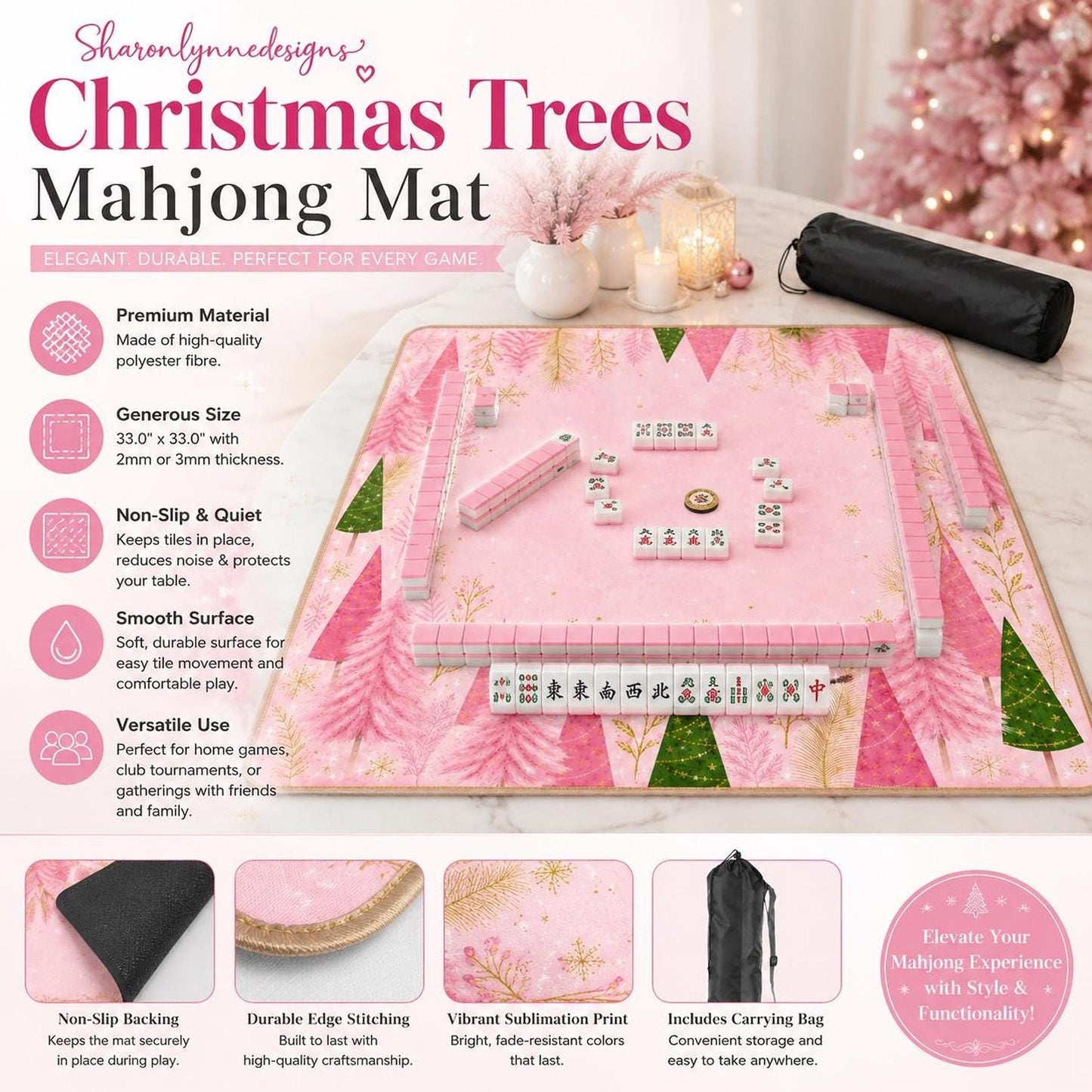 Pink Mahjong Mat 33"x33" with Christmas Tree Design and Non-Slip Backing