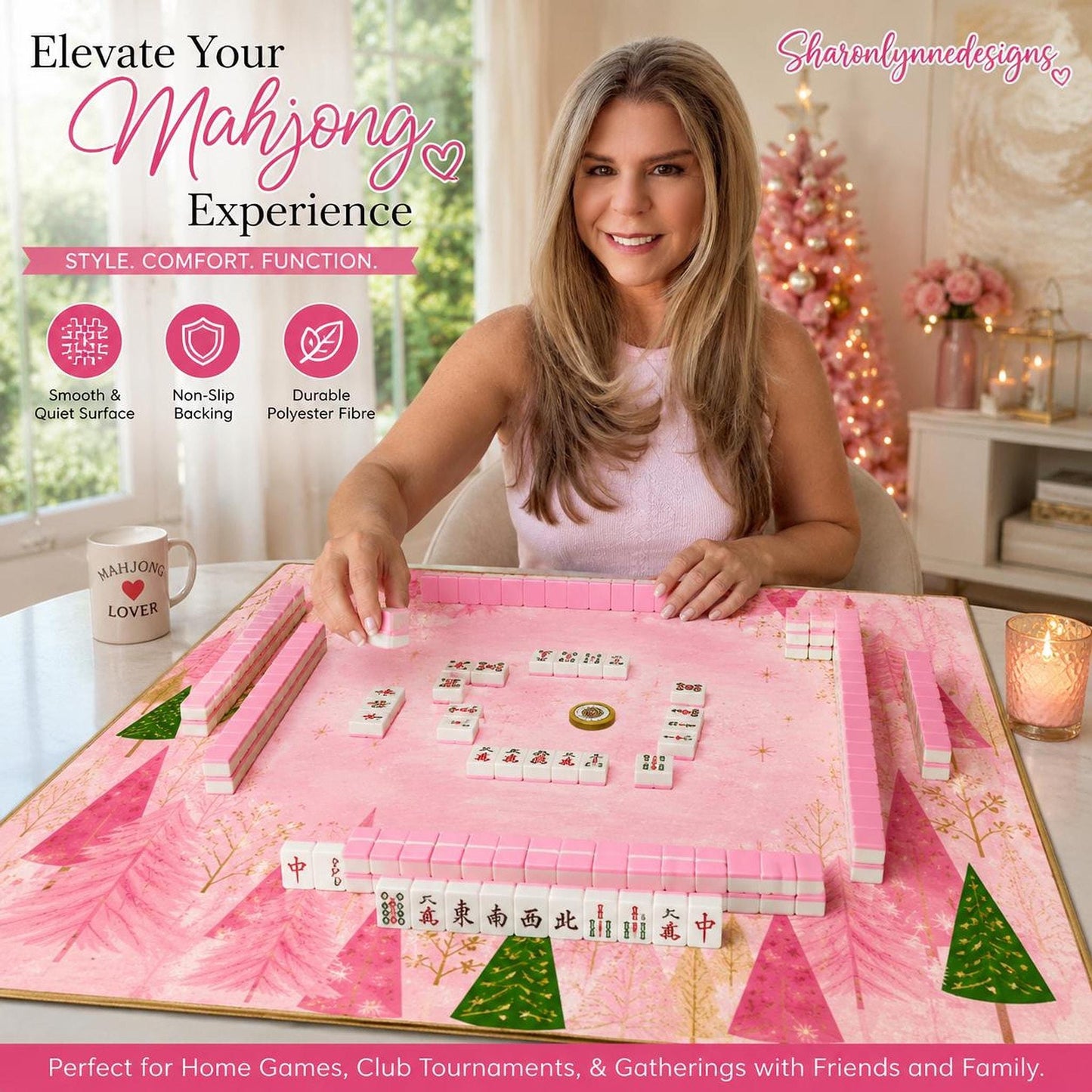 Pink Mahjong Mat 33"x33" with Christmas Tree Design and Non-Slip Backing
