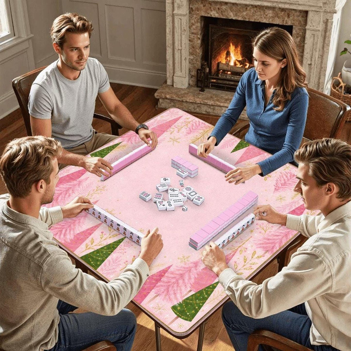 Pink Mahjong Mat 33"x33" with Christmas Tree Design and Non-Slip Backing