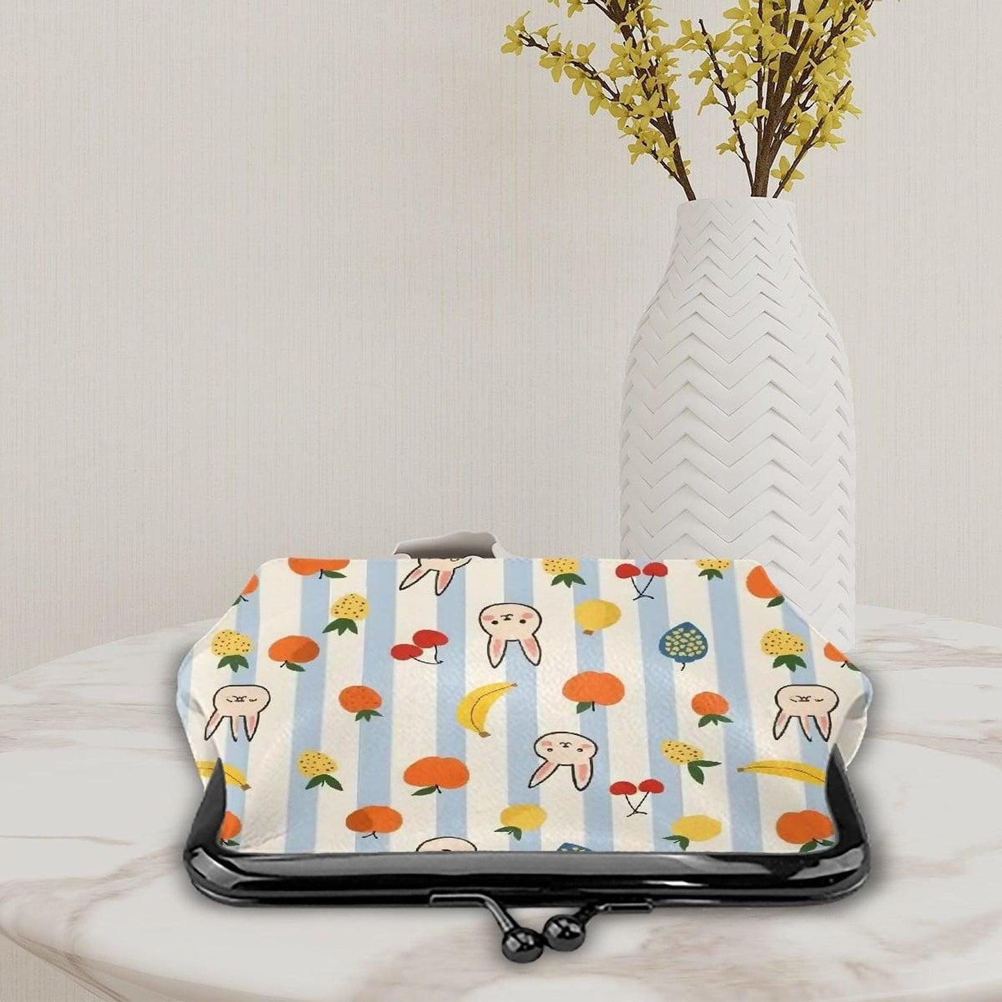 Bunny Coin Purse with Fruit Print, Faux Leather Change Pouch