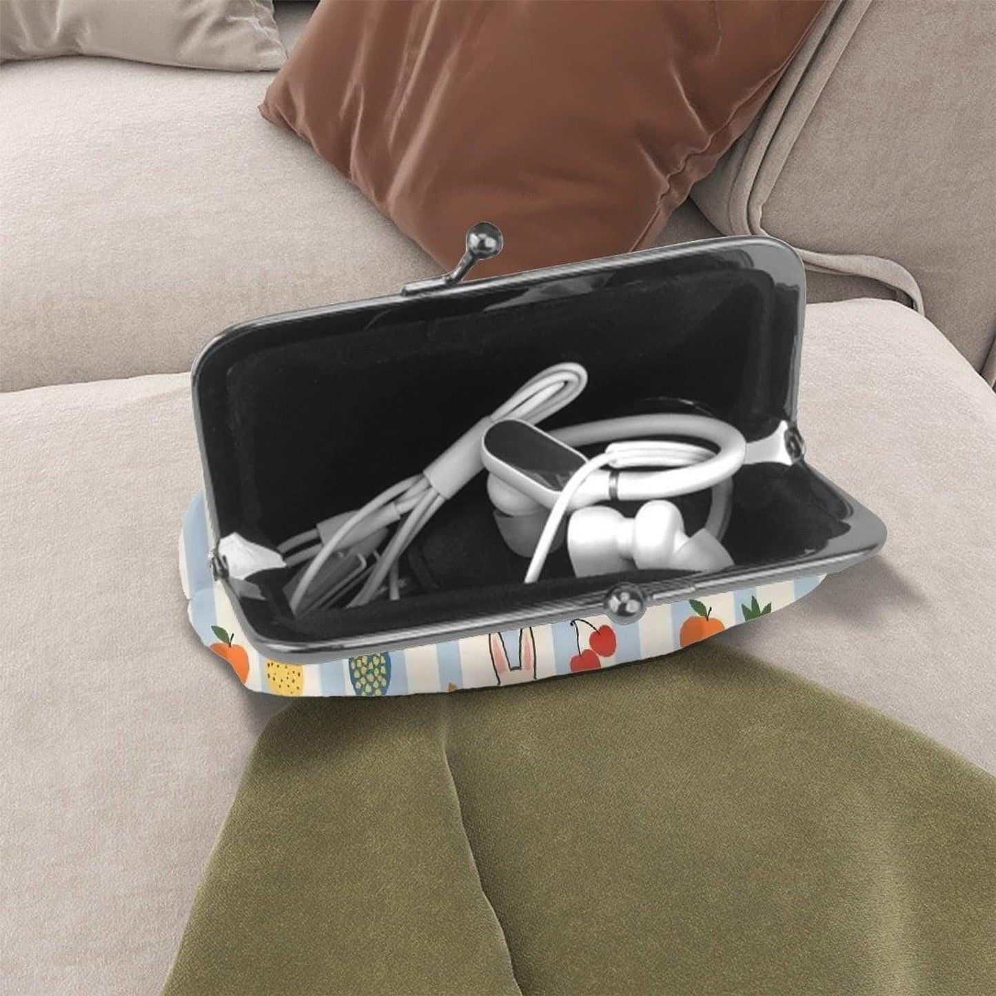 Bunny Coin Purse with Fruit Print, Faux Leather Change Pouch
