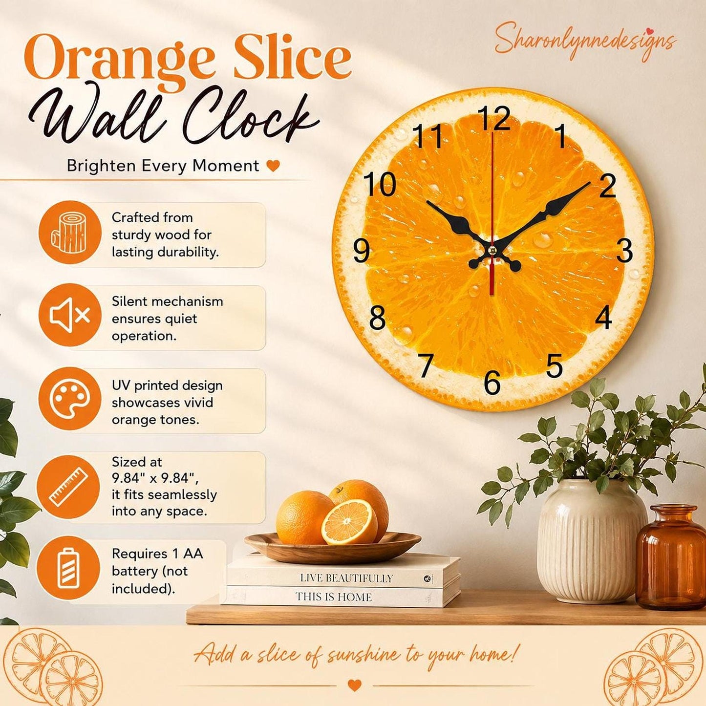 Orange Wall Clock, Retro Wooden Design with UV Print Fruit Style