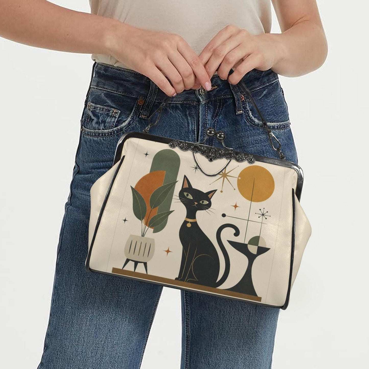 Cat Kisslock Bag, Retro Kitty Purse in Durable Waxed PU Leather