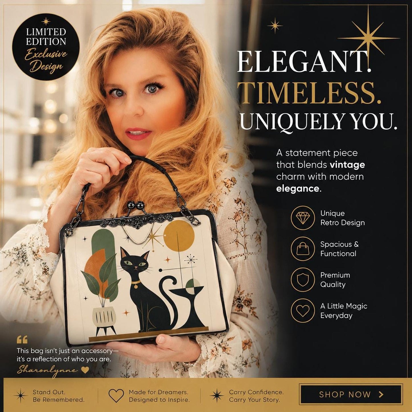 Cat Kisslock Bag, Retro Kitty Purse in Durable Waxed PU Leather