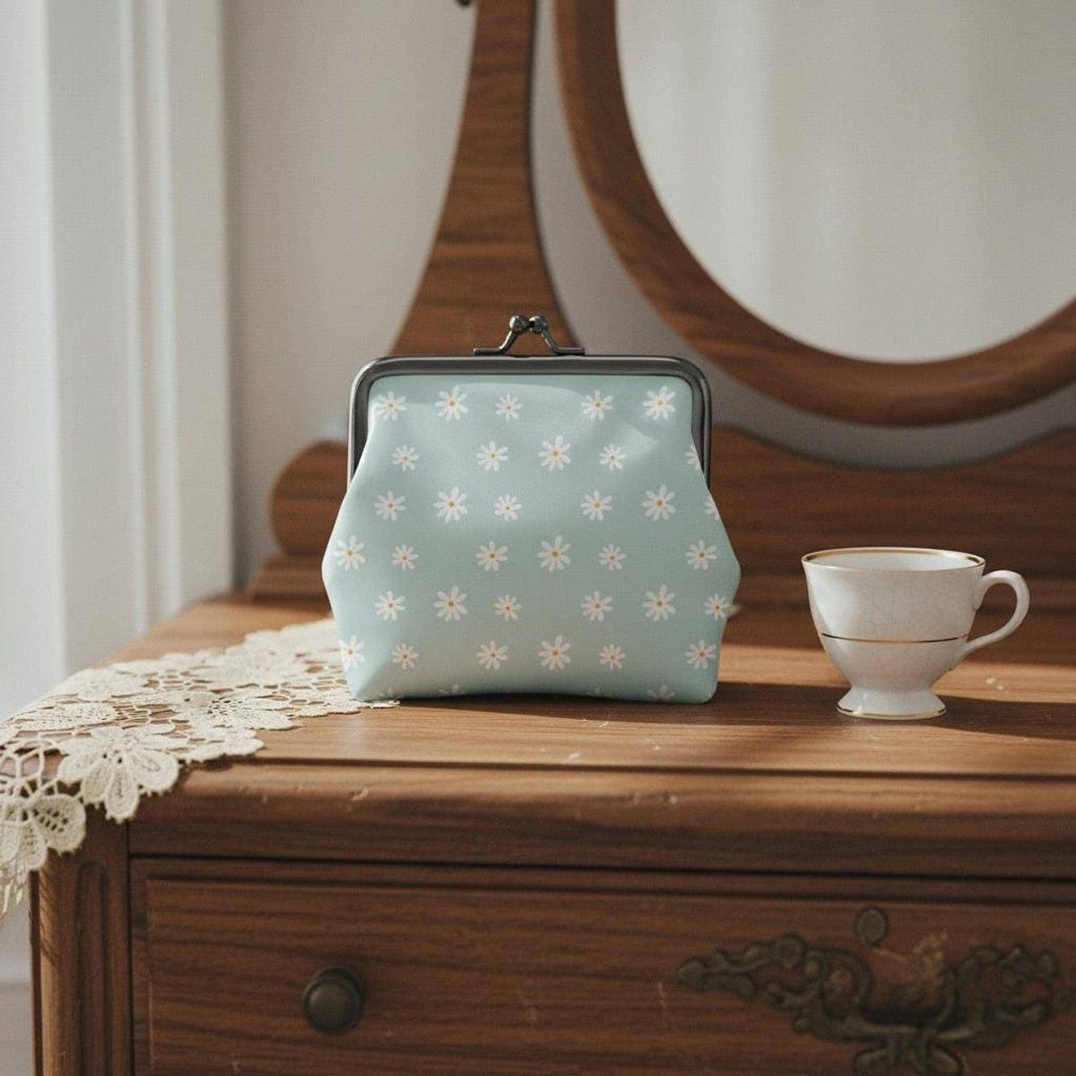 Blue Daisy Women's Leather Kiss Lock Coin Purse - Small Vintage Style Wallet Pouch