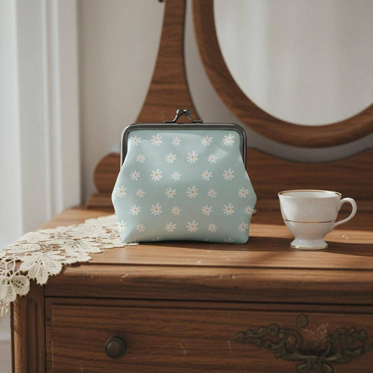 Blue Daisy Women's Leather Kiss Lock Coin Purse - Small Vintage Style Wallet Pouch