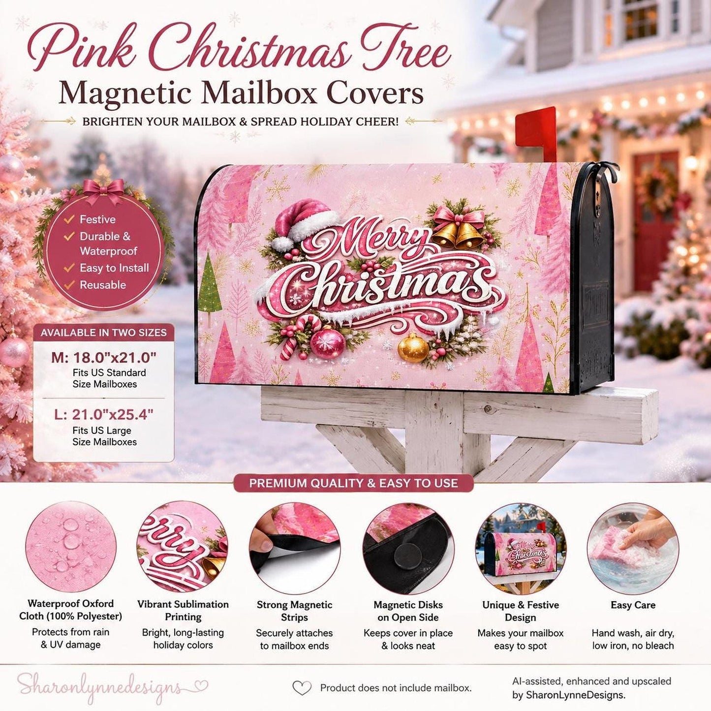 Pink Christmas Tree Magnetic Mailbox Cover, Waterproof Oxford Cloth in Medium and Large Sizes