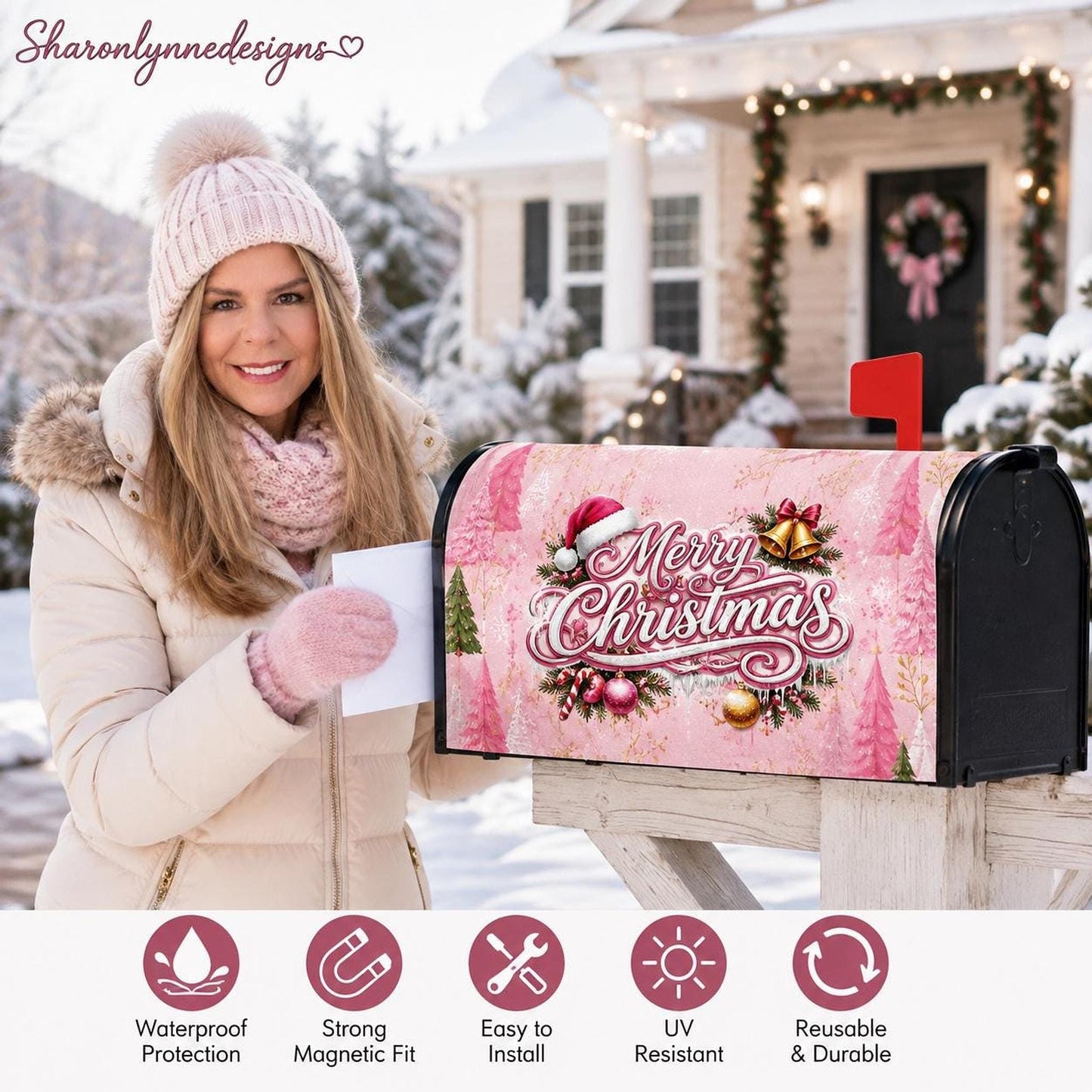 Pink Christmas Tree Magnetic Mailbox Cover, Waterproof Oxford Cloth in Medium and Large Sizes