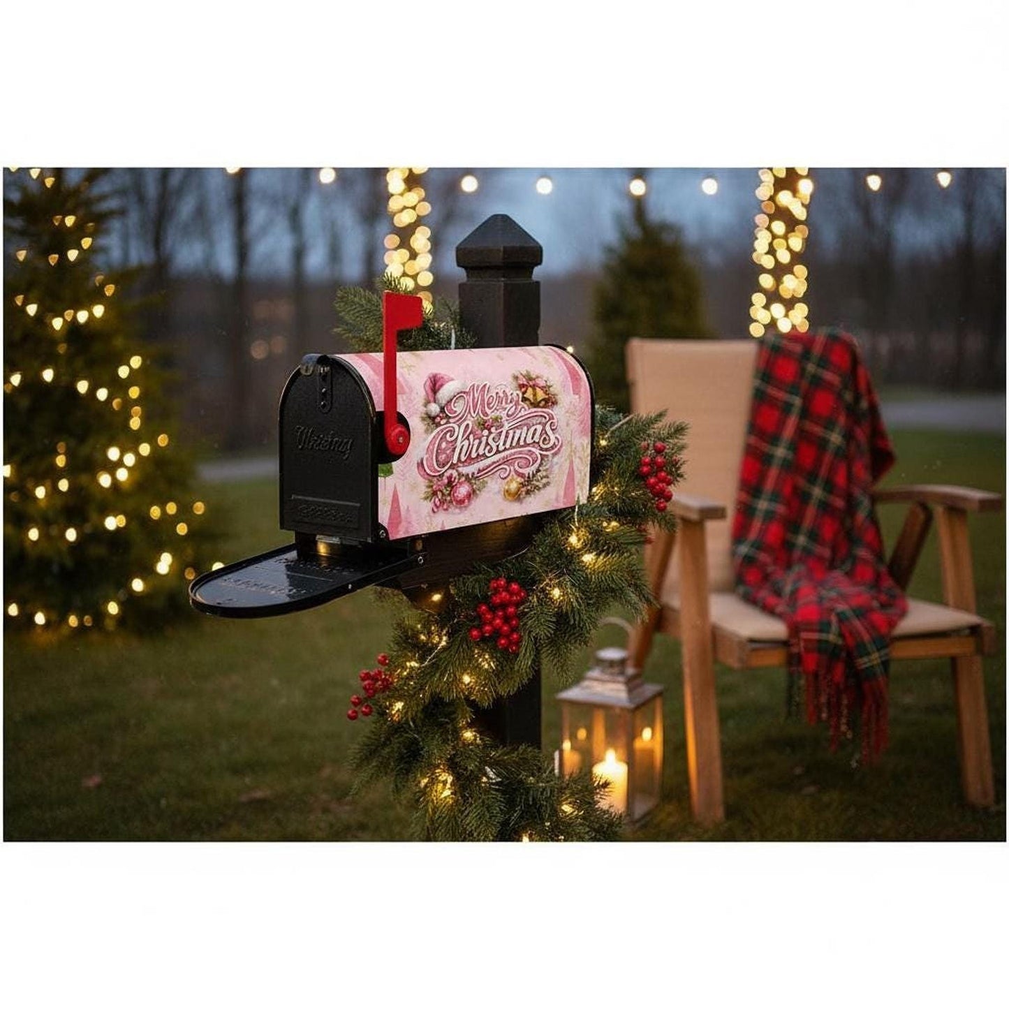 Pink Christmas Tree Magnetic Mailbox Cover, Waterproof Oxford Cloth in Medium and Large Sizes