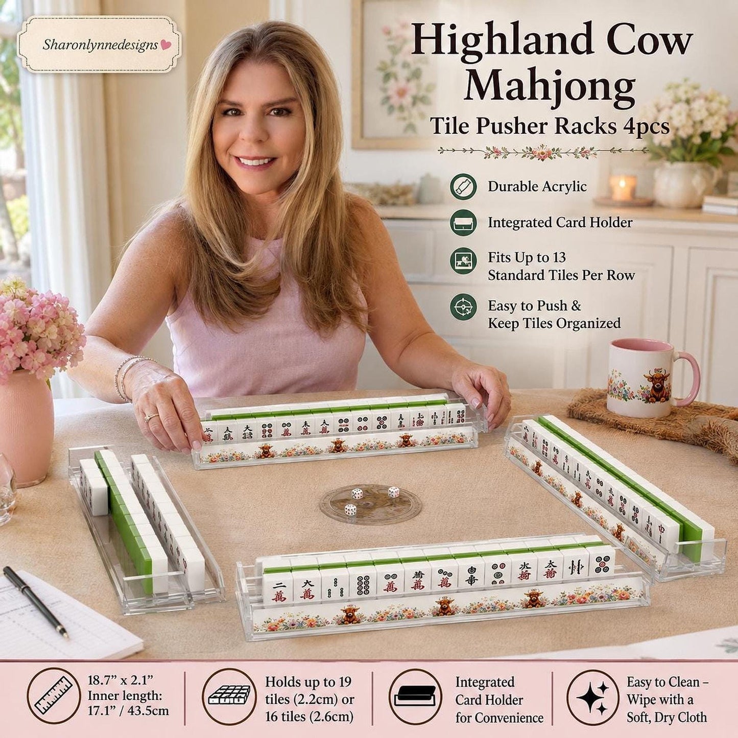 Highland Cow Mahjong Tile Pusher Racks Set, Acrylic Card Holder with Floral Design
