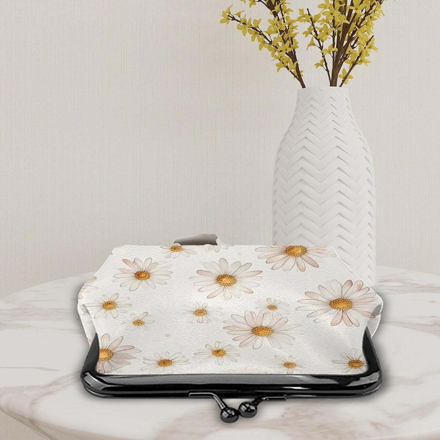 Daisy Women's Leather Coin Purse, Vintage Kiss Lock Wallet with Floral Design