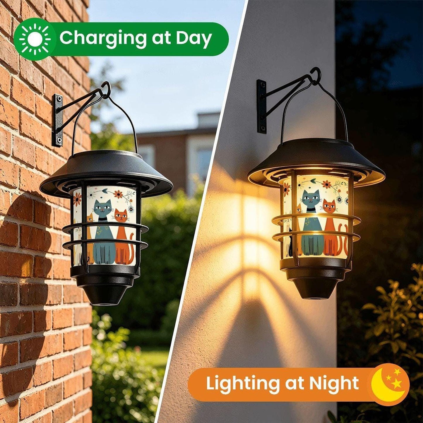 Garden Hanging Light Set Of 2, Retro Cat Solar Lanterns, Weather-Resistant Housing