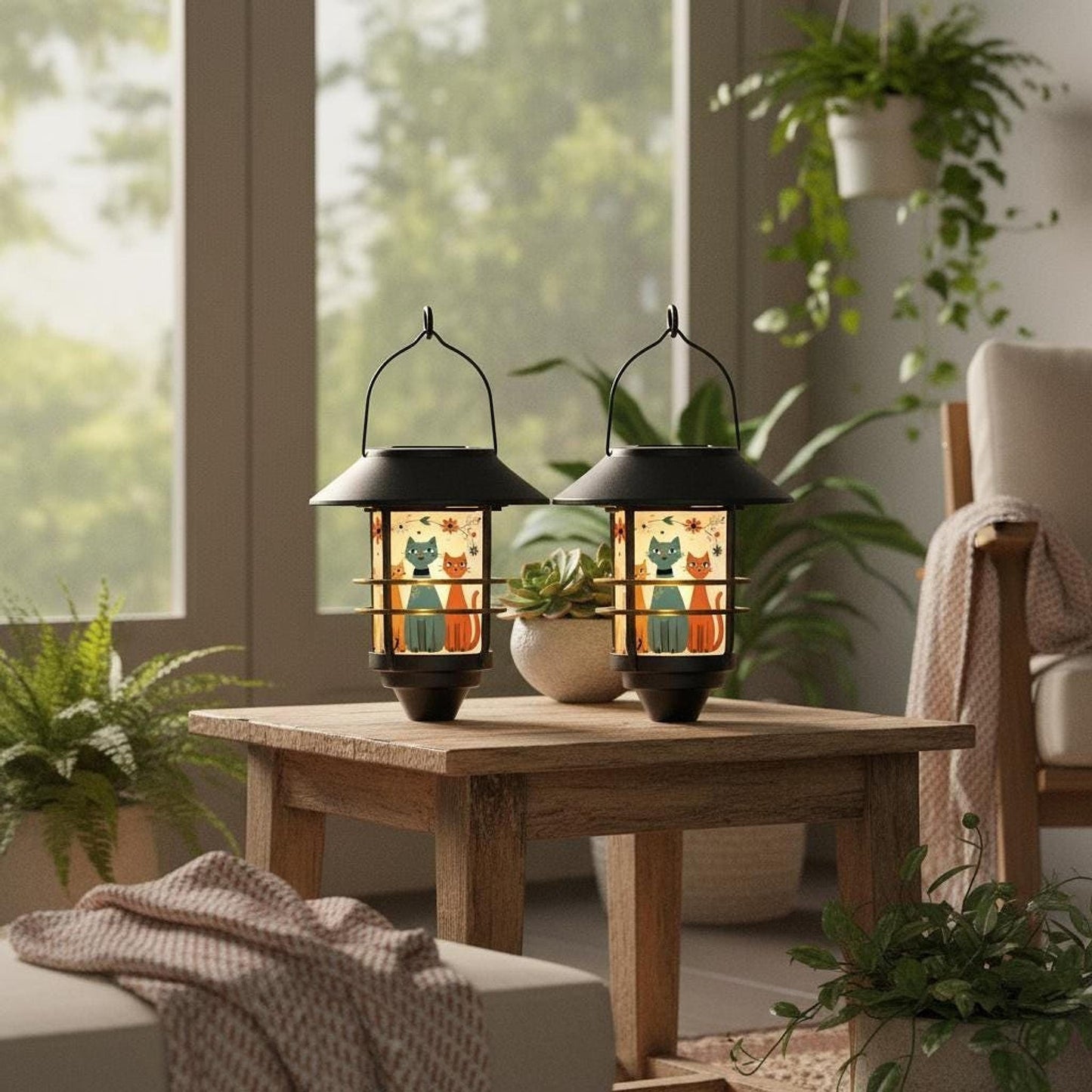 Garden Hanging Light Set Of 2, Retro Cat Solar Lanterns, Weather-Resistant Housing
