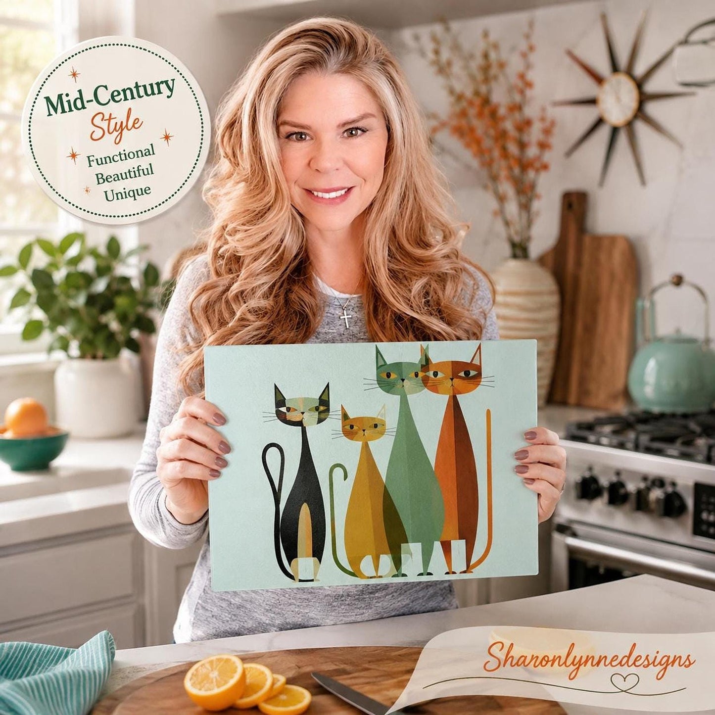 Mid Century Modern Cat Glass Cutting Board, Retro Kitchen Decor in Two Sizes