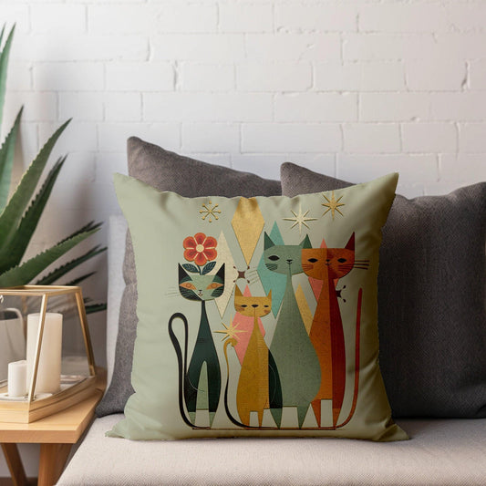 Feline Throw Pillow Cover, Vintage-Inspired Mid-Century Modern Cat Cushion