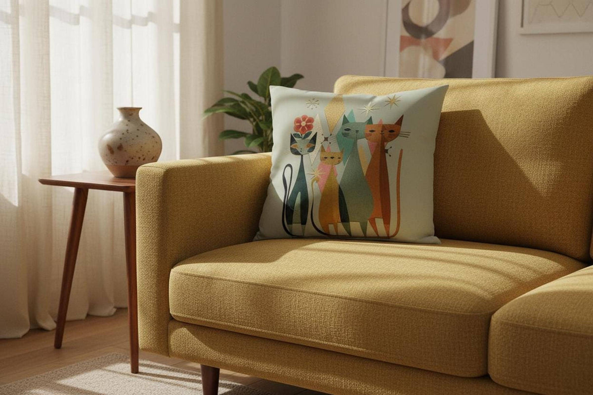 Feline Throw Pillow Cover, Vintage-Inspired Mid-Century Modern Cat Cushion