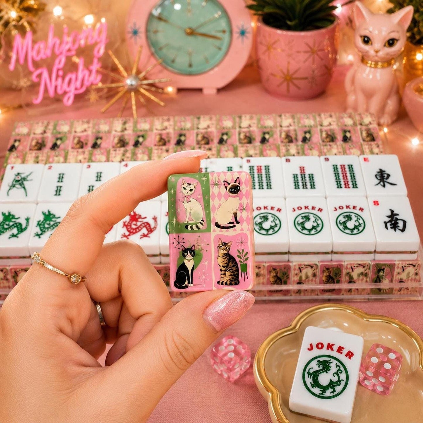 Retro Cats American Mahjong Set, 166 Acrylic Tiles with Joker
