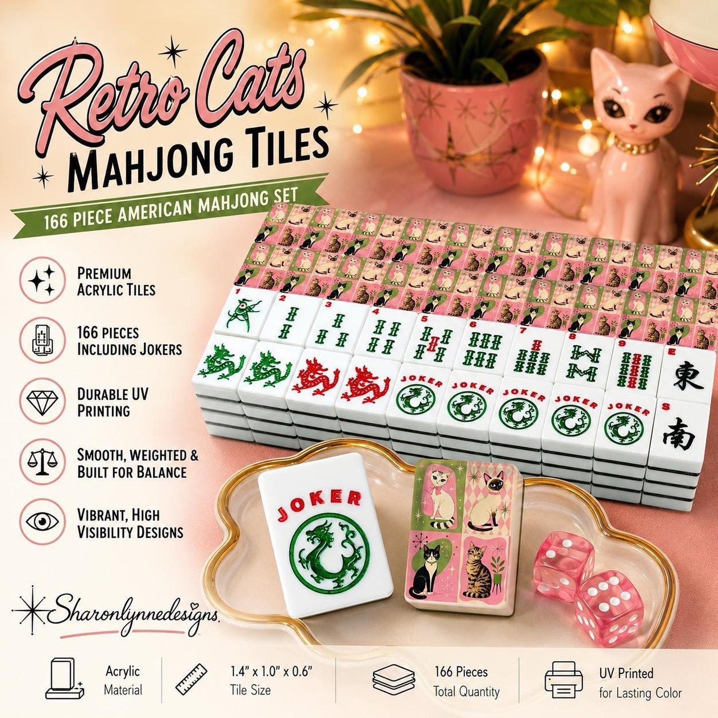 Retro Cats American Mahjong Set, 166 Acrylic Tiles with Joker