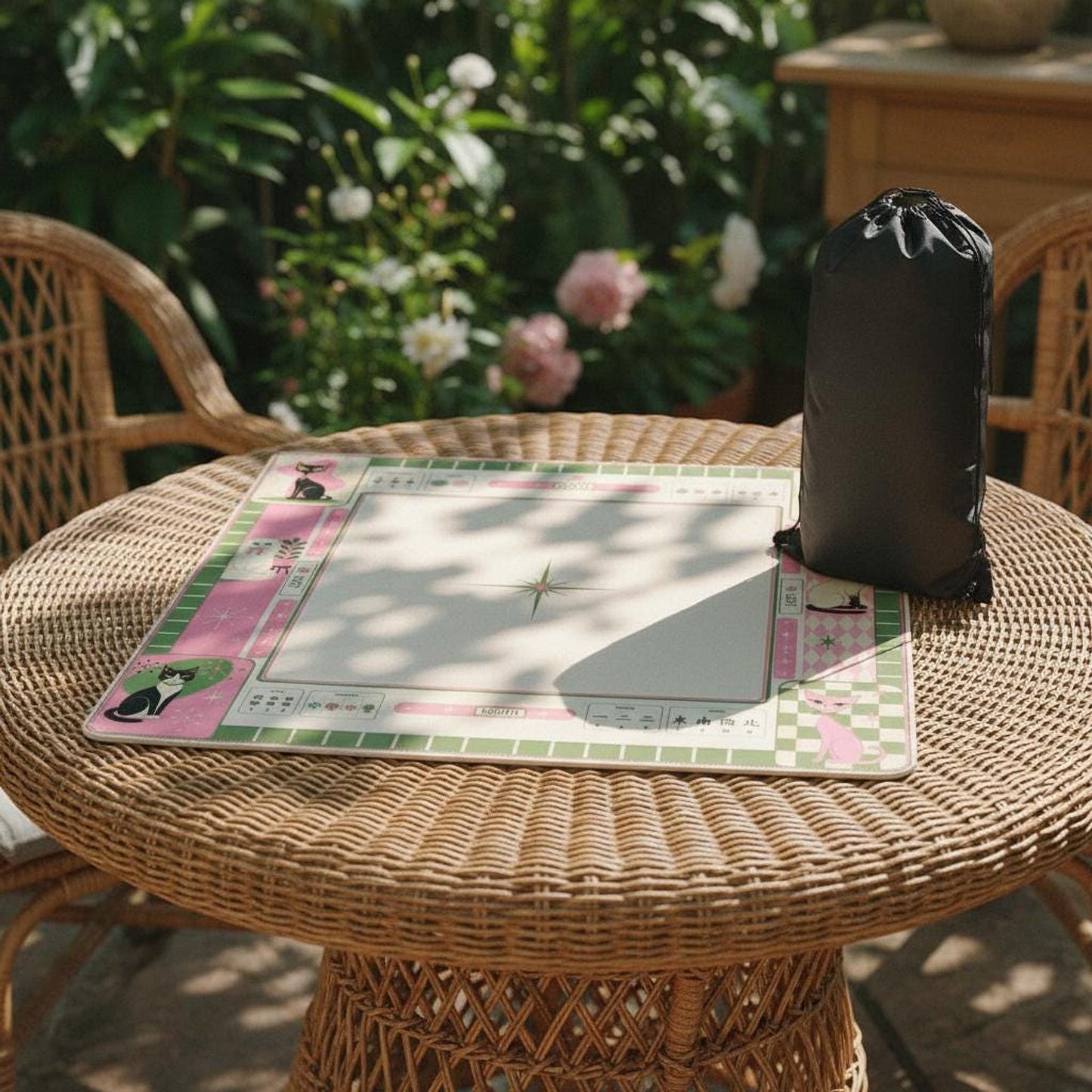 Retro Mahjong Mat with Adorable Cat Design, Non-Slip Rubber Base