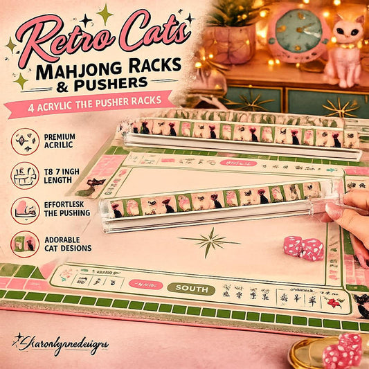 Mahjong Pushers Set, Retro Cats Acrylic Rack Set with Card Holder