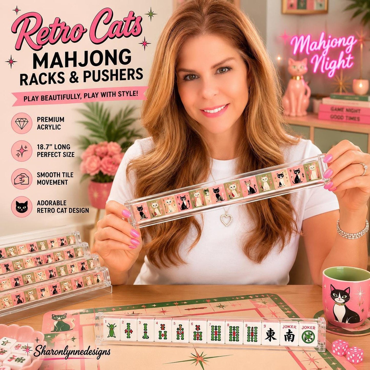 Mahjong Pushers Set, Retro Cats Acrylic Rack Set with Card Holder
