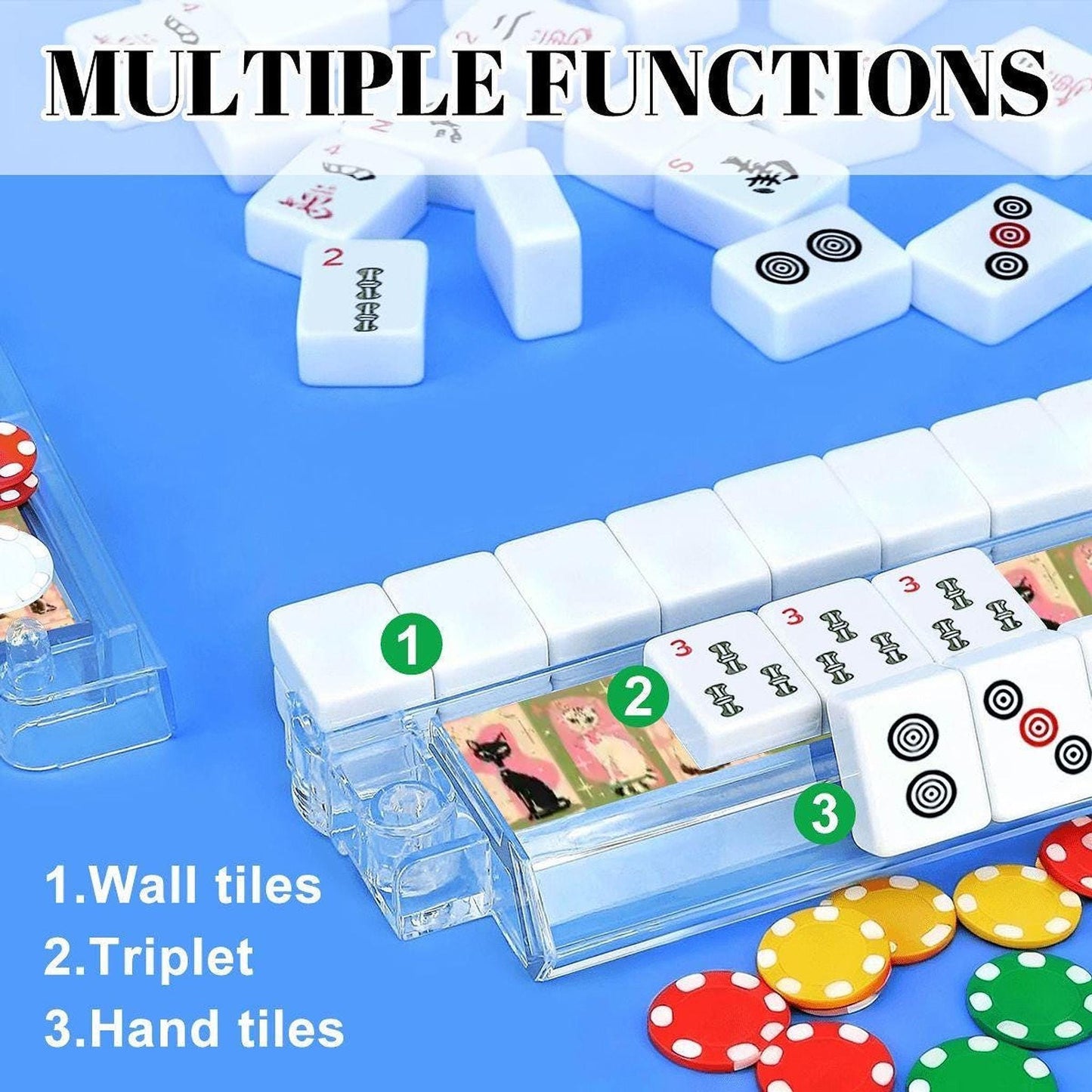 Mahjong Pushers Set, Retro Cats Acrylic Rack Set with Card Holder